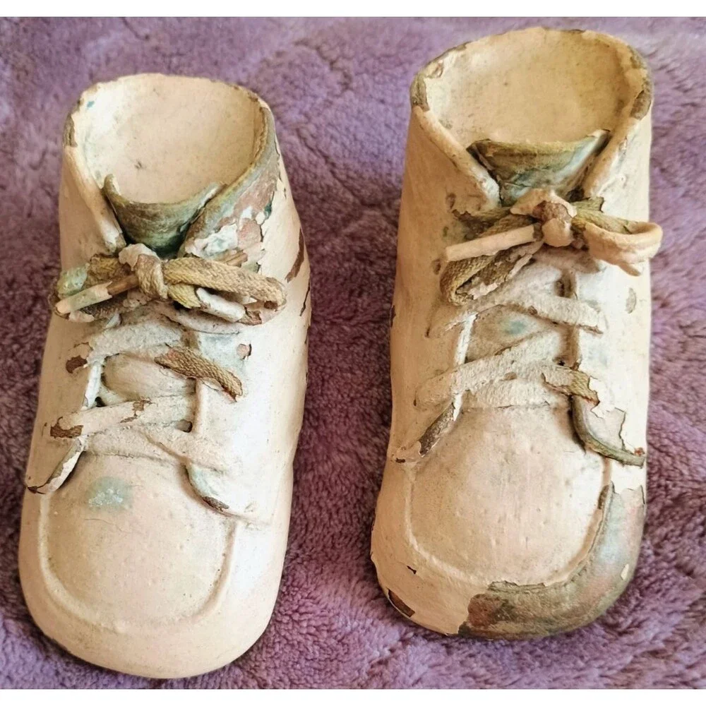 Vintage Baby First Shoes Plaster Coated Keepsake Pair Primitive Folk Art Decor